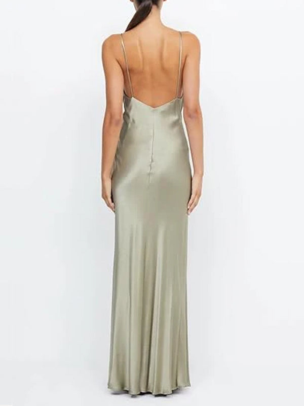 Simple Yellow Silk Spaghetti Straps V-neck Long Evening Prom Dresses, GR0606