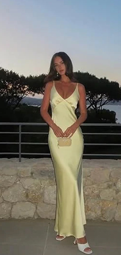 Simple Yellow Silk Spaghetti Straps V-neck Long Evening Prom Dresses, GR0606