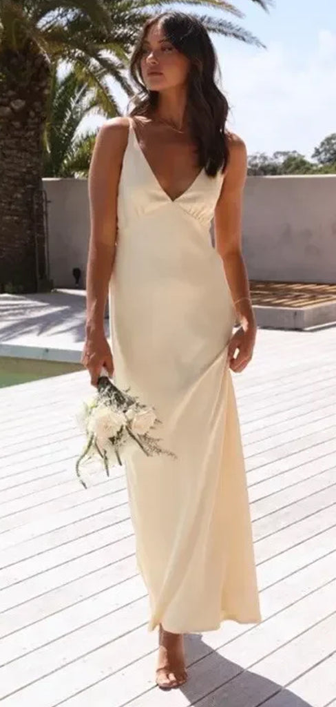 Simple Yellow Silk Spaghetti Straps V-neck Long Evening Prom Dresses, GR0606