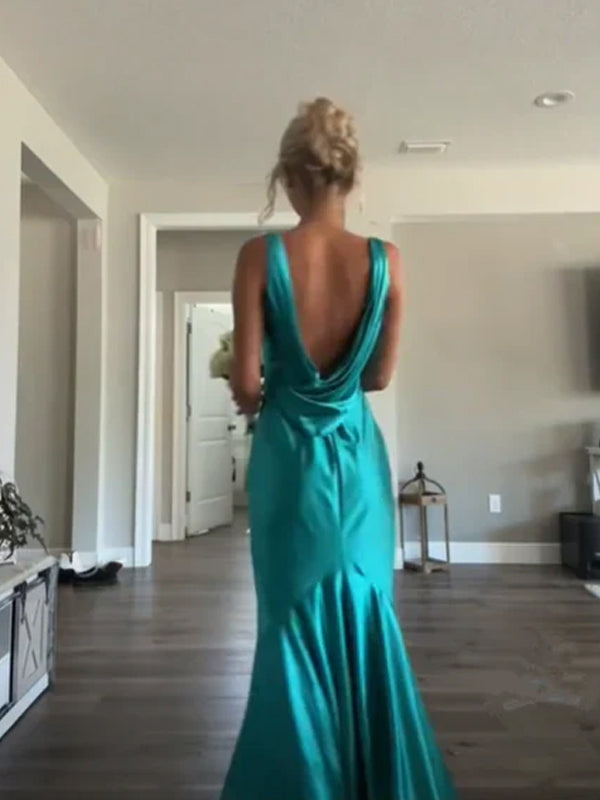 V-neck Blue Mermaid Long Evening Prom Dresses, Backless Prom Dress, GR0607
