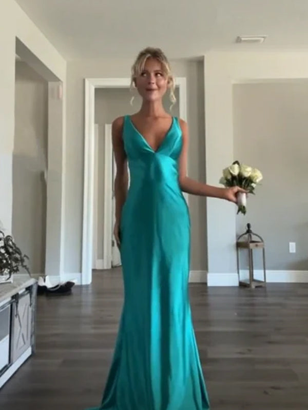 V-neck Blue Mermaid Long Evening Prom Dresses, Backless Prom Dress, GR0607