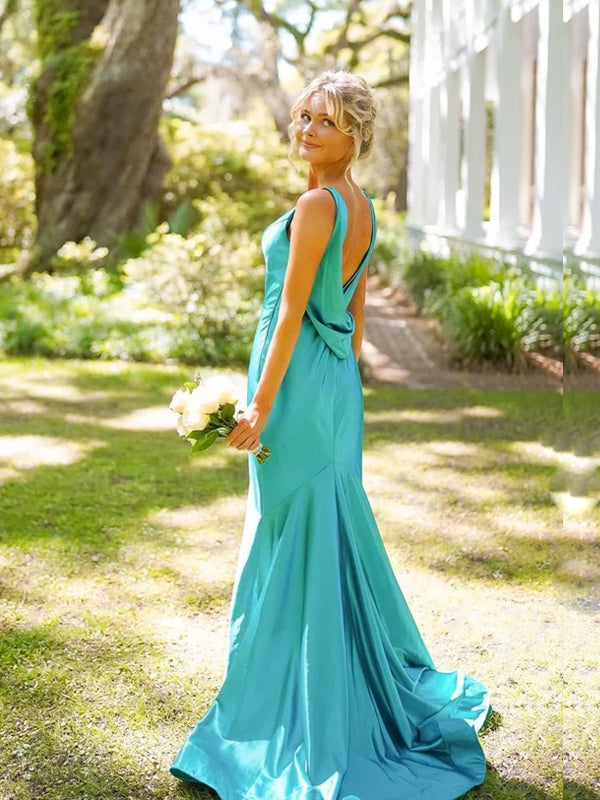 V-neck Blue Mermaid Long Evening Prom Dresses, Backless Prom Dress, GR0607