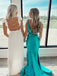 V-neck Blue Mermaid Long Evening Prom Dresses, Backless Prom Dress, GR0607