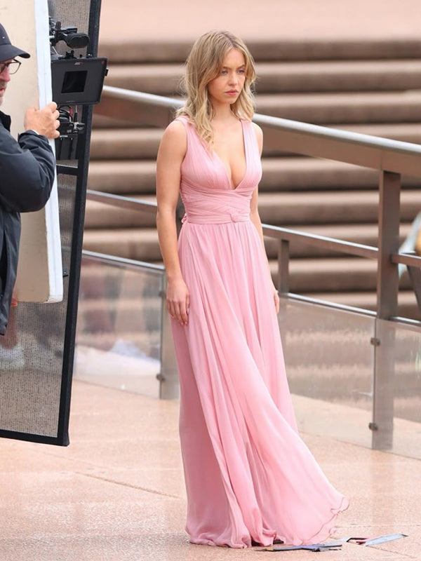 A-line Pink Chiffon V-neck Long Evening Prom Dresses, GR0609