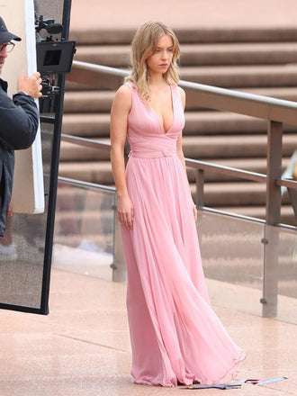 A-line Pink Chiffon V-neck Long Evening Prom Dresses, GR0609