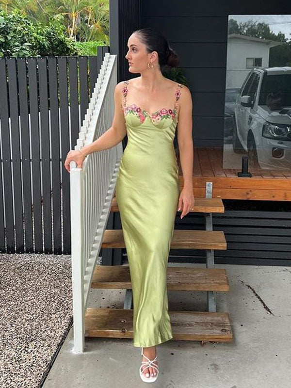 Green Silk Straps Appliques Mermaid Long Evening Prom Dresses, GR0611
