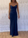 Spaghetti Straps Navy Blue Satin Long Evening Prom Dresses, GR0612