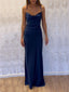 Spaghetti Straps Navy Blue Satin Long Evening Prom Dresses, GR0612