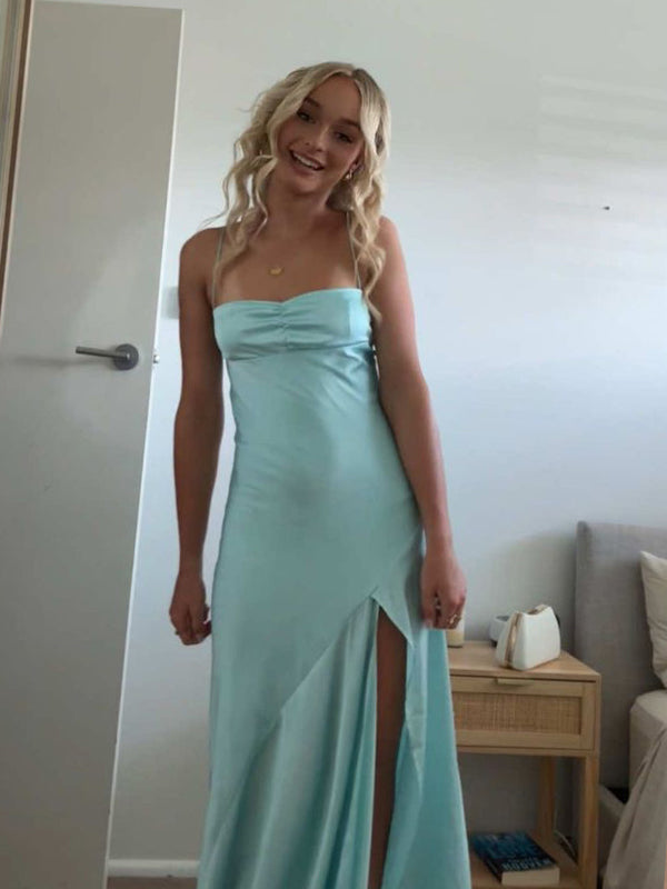 Gorgeous Blue Satin Side Slit Long Evening Prom Dresses, GR0613