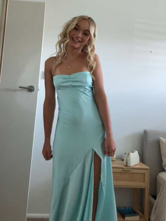 Gorgeous Blue Satin Side Slit Long Evening Prom Dresses, GR0613