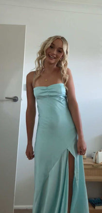 Gorgeous Blue Satin Side Slit Long Evening Prom Dresses, GR0613
