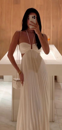 Unique White Chiffon Spaghetti Straps Long Evening Prom Dresses, GR0615