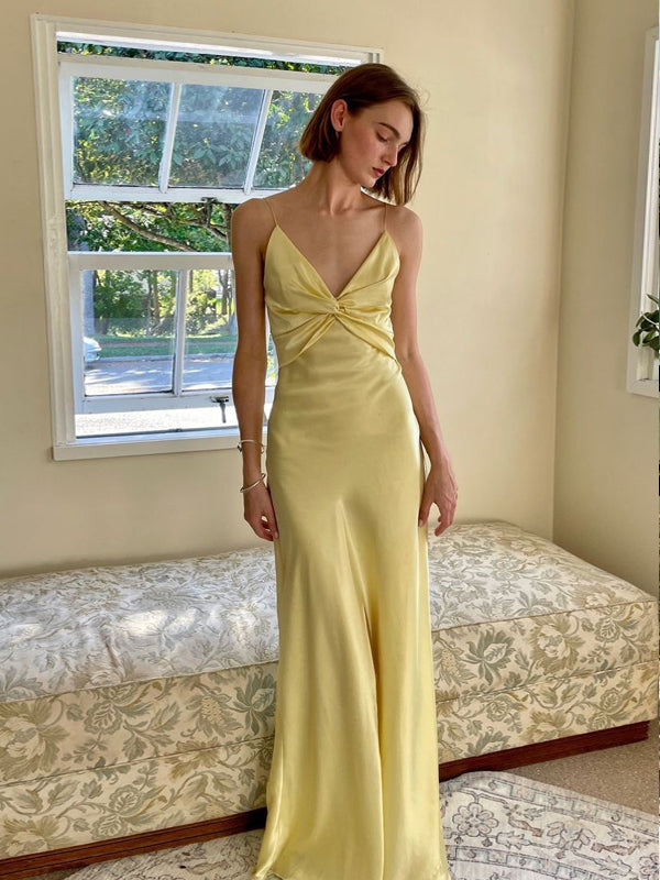 Spaghetti Straps Yellow Satin V-neck Long Evening Prom Dresses, GR0618