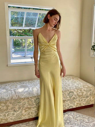 Spaghetti Straps Yellow Satin V-neck Long Evening Prom Dresses, GR0618