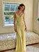 Spaghetti Straps Yellow Satin V-neck Long Evening Prom Dresses, GR0618