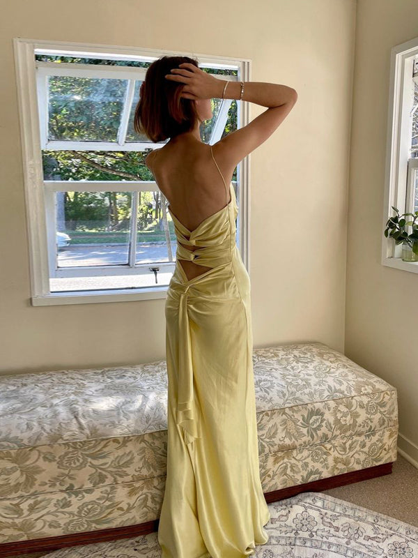 Spaghetti Straps Yellow Satin V-neck Long Evening Prom Dresses, GR0618