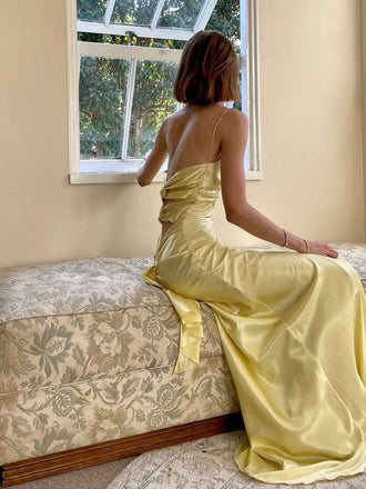 Spaghetti Straps Yellow Satin V-neck Long Evening Prom Dresses, GR0618