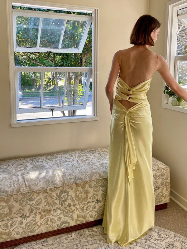 Spaghetti Straps Yellow Satin V-neck Long Evening Prom Dresses, GR0618