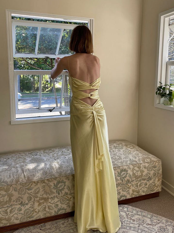 Spaghetti Straps Yellow Satin V-neck Long Evening Prom Dresses, GR0618