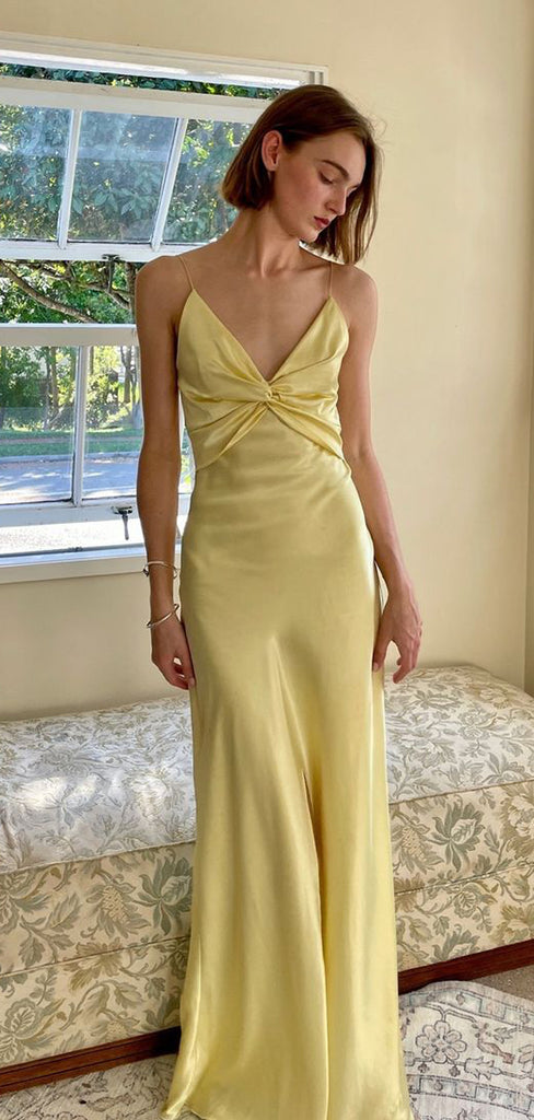 Spaghetti Straps Yellow Satin V-neck Long Evening Prom Dresses, GR0618