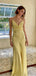 Spaghetti Straps Yellow Satin V-neck Long Evening Prom Dresses, GR0618