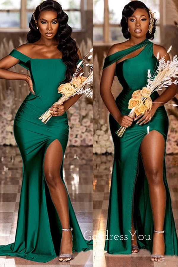 Mismatched Dark Green Satin Mermaid Side Slit Long Bridesmaid Dresses GordressYou Mismatched Dark Green Satin Mermaid Side Slit Long Bridesmaid Dresses GordressYou
