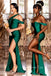 Mismatched Dark Green Satin Mermaid Side Slit Long Bridesmaid Dresses , GRB0001