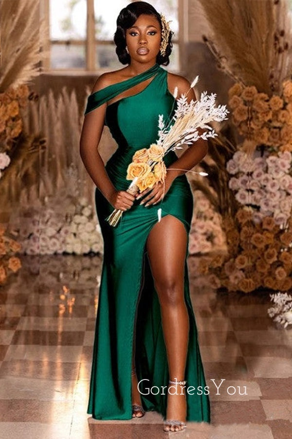 Mismatched Dark Green Satin Mermaid Side Slit Long Bridesmaid Dresses GordressYou Mismatched Dark Green Satin Mermaid Side Slit Long Bridesmaid Dresses GordressYou