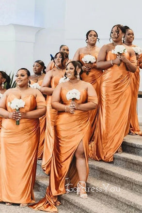 Popular Satin Mermaid Side Slit Long Bridesmaid Dresses , GRB0002