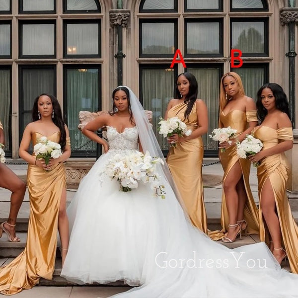 Mismatched Gold Satin Mermaid Side Slit Long Bridesmaid Dresses , GRB0 GordressYou Mismatched Gold Satin Mermaid Side Slit Long Bridesmaid Dresses , GRB0 GordressYou