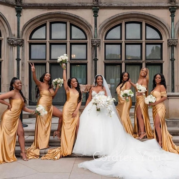 Mismatched Gold Satin Mermaid Side Slit Long Bridesmaid Dresses , GRB0003 Mismatched Gold Satin Mermaid Side Slit Long Bridesmaid Dresses , GRB0003