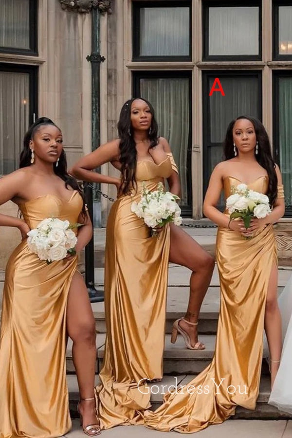 Mismatched Gold Satin Mermaid Side Slit Long Bridesmaid Dresses , GRB0003 Mismatched Gold Satin Mermaid Side Slit Long Bridesmaid Dresses , GRB0003