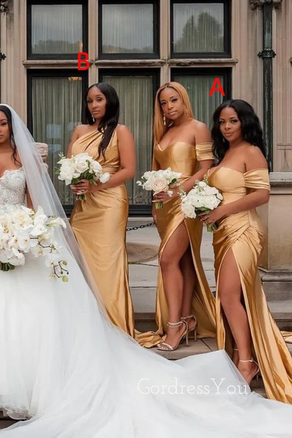 Mismatched Gold Satin Mermaid Side Slit Long Bridesmaid Dresses , GRB0003 Mismatched Gold Satin Mermaid Side Slit Long Bridesmaid Dresses , GRB0003