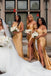 Mismatched Gold Satin Mermaid Side Slit Long Bridesmaid Dresses , GRB0003