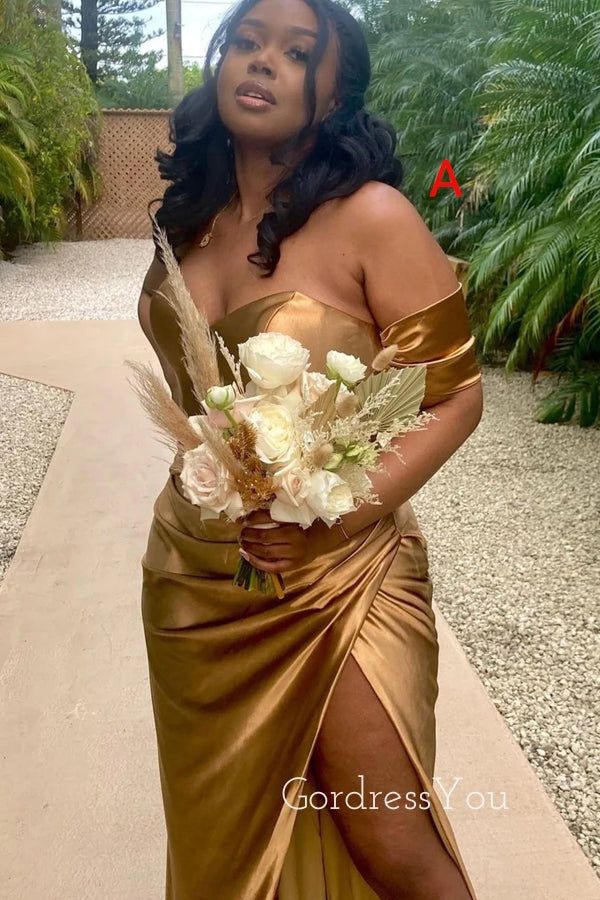 Mismatched Gold Satin Mermaid Side Slit Long Bridesmaid Dresses , GRB0 GordressYou Mismatched Gold Satin Mermaid Side Slit Long Bridesmaid Dresses , GRB0 GordressYou