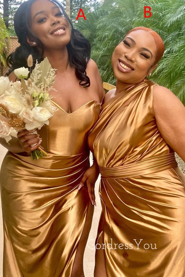 Mismatched Gold Satin Mermaid Side Slit Long Bridesmaid Dresses , GRB0 GordressYou Mismatched Gold Satin Mermaid Side Slit Long Bridesmaid Dresses , GRB0 GordressYou