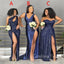 Mismatched Navy Blue Sequins Satin Mermaid Side Slit Long Bridesmaid Dresses , GRB0004