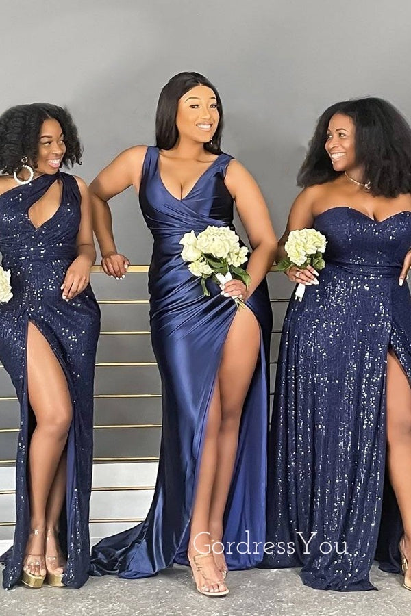 Mismatched Navy Blue Sequins Satin Mermaid Side Slit Long Bridesmaid Dresses , GRB0004