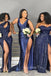 Mismatched Navy Blue Sequins Satin Mermaid Side Slit Long Bridesmaid Dresses , GRB0004