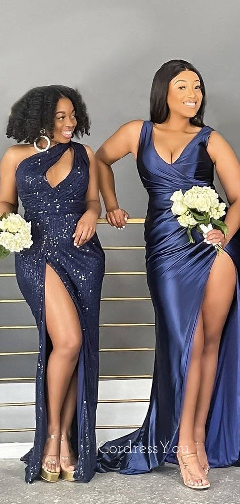 Mismatched Navy Blue Sequins Satin Mermaid Side Slit Long Bridesmaid Dresses , GRB0004