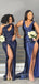 Mismatched Navy Blue Sequins Satin Mermaid Side Slit Long Bridesmaid Dresses , GRB0004