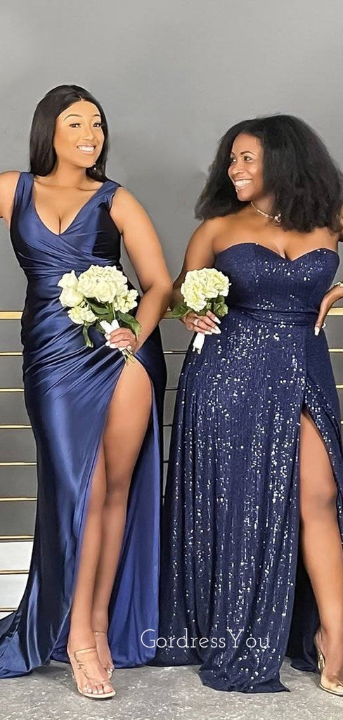 Mismatched Navy Blue Sequins Satin Mermaid Side Slit Long Bridesmaid Dresses , GRB0004