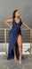 Mismatched Navy Blue Sequins Satin Mermaid Side Slit Long Bridesmaid Dresses , GRB0004