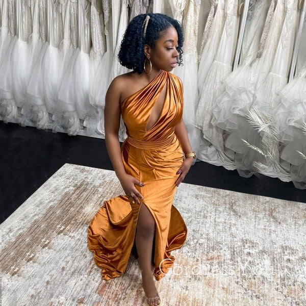 One Shoulder Burnent orange Satin Mermaid Side Slit Long Bridesmaid Dr GordressYou One Shoulder Burnent orange Satin Mermaid Side Slit Long Bridesmaid Dr GordressYou