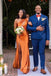 One Shoulder Burnent orange Satin Mermaid Side Slit Long Bridesmaid Dresses , GRB0005