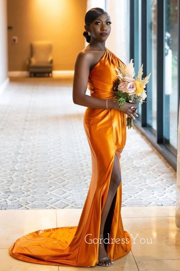 One Shoulder Burnent orange Satin Mermaid Side Slit Long Bridesmaid Dresses , GRB0005