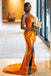 One Shoulder Burnent orange Satin Mermaid Side Slit Long Bridesmaid Dresses , GRB0005