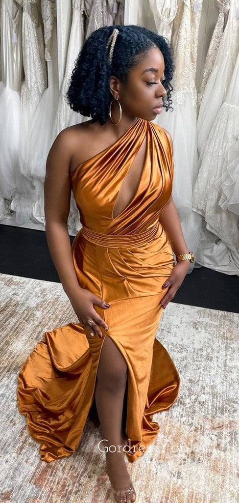 One Shoulder Burnent orange Satin Mermaid Side Slit Long Bridesmaid Dresses , GRB0005