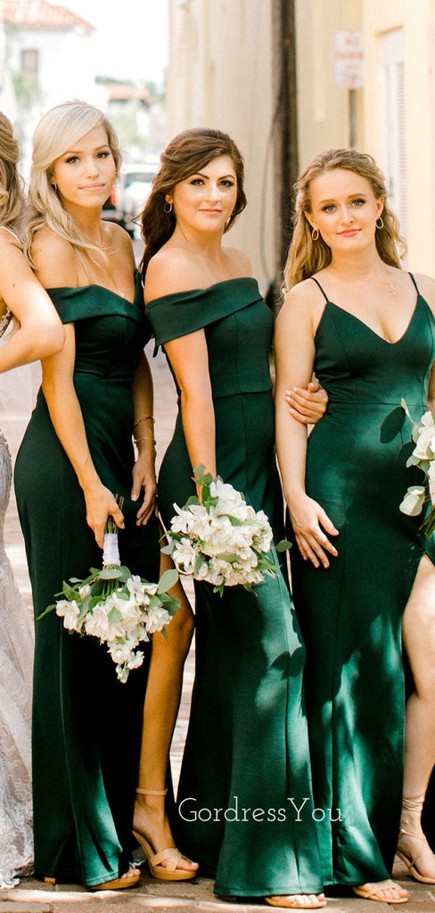 Mismatched Emerald Green Satin Mermaid Cheap Long Bridesmaid Dresses , GRB0006