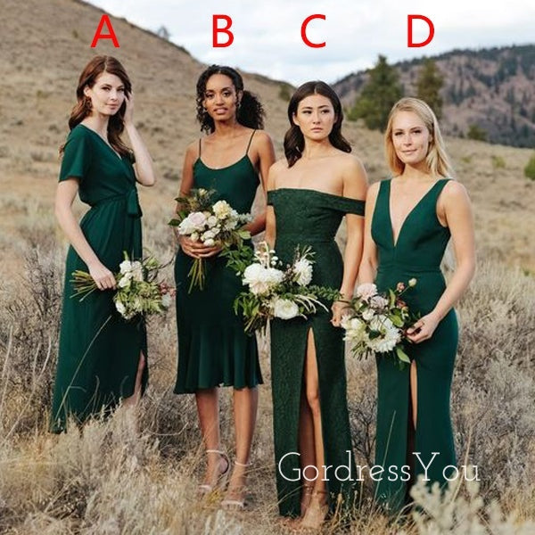 Mismatched Dark Green Mermaid Cheap Long Bridesmaid Dresses , GRB0007